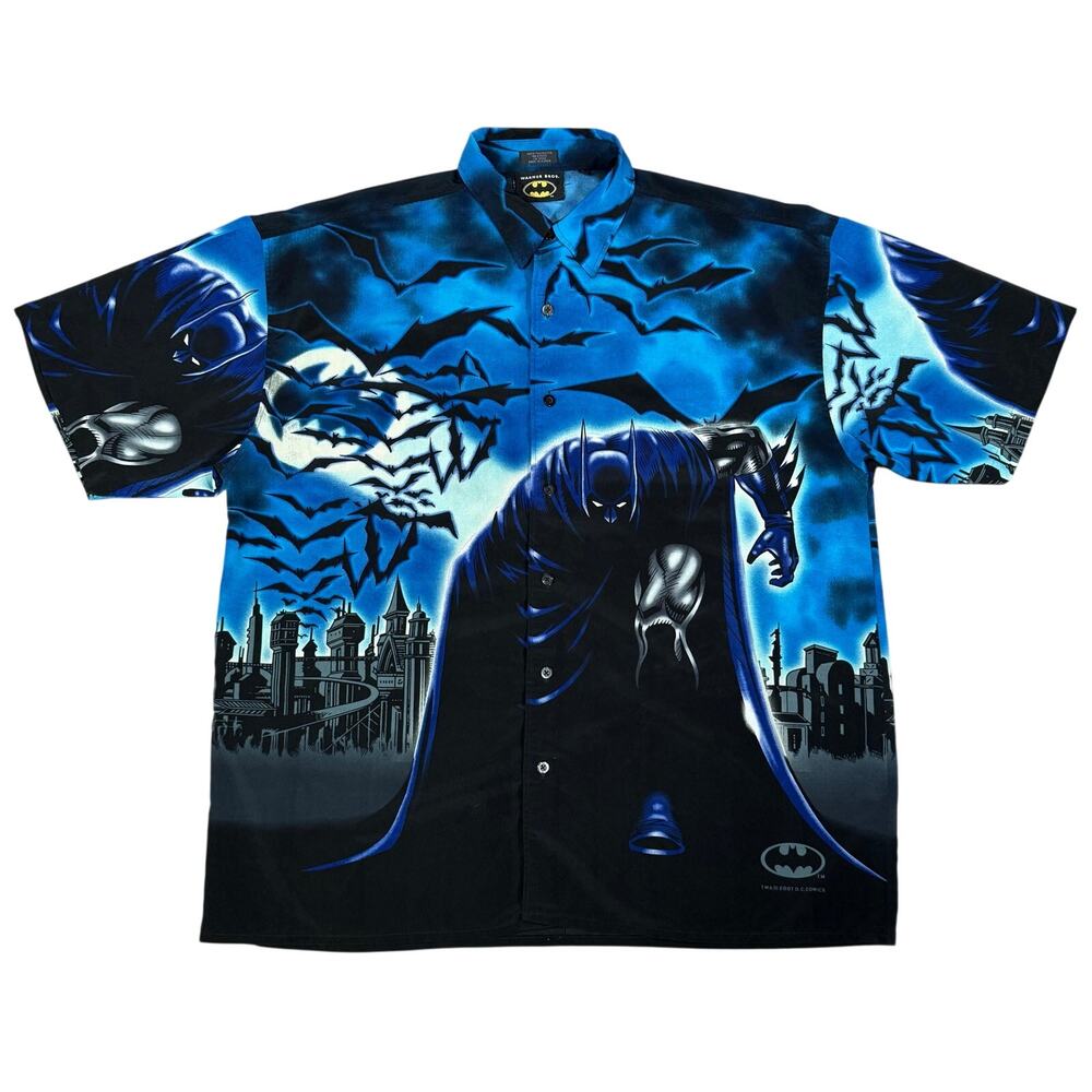 Vintage 2001 Warner Bros Batman All Over Print Button Up Shirt XL DC Comics Y2K